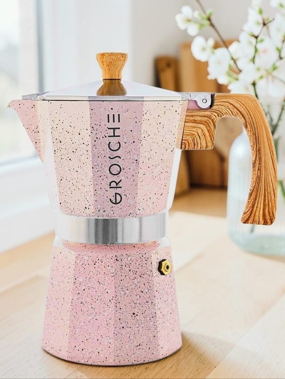 New GROSCHE Milano Stone 9 Espresso Cups Pink Stovetop Maker Moka Pot in the Box